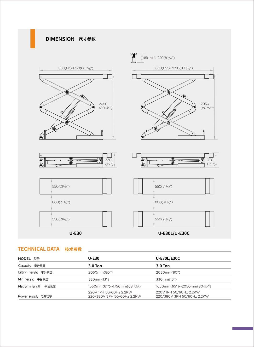 3.0 T Capacity U-E30L Full Rise Scissor Lift Table Hydraulic Full Rise Scissor Lift Platform for Automotive Service Equipment