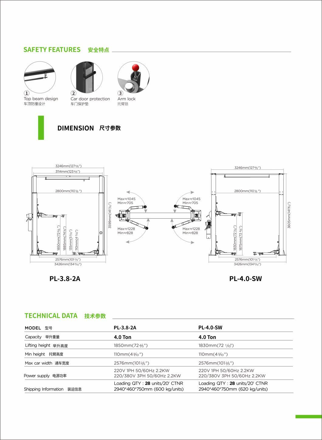 Puli 4t/8840lbs Two Post Car Lift Arch Clear Floor Plate Car Jack Garage Equipment Hydraulic Lift on Sale Pl-3.8-2A