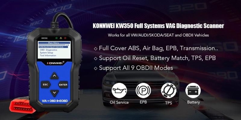 Konnwei Kw350 OBD2 VAG Code Reader All System Diagnosis Oil Epb TPMS Reset for OBD Car VW Audi Sokda Seat Diagnostic Scan Tools