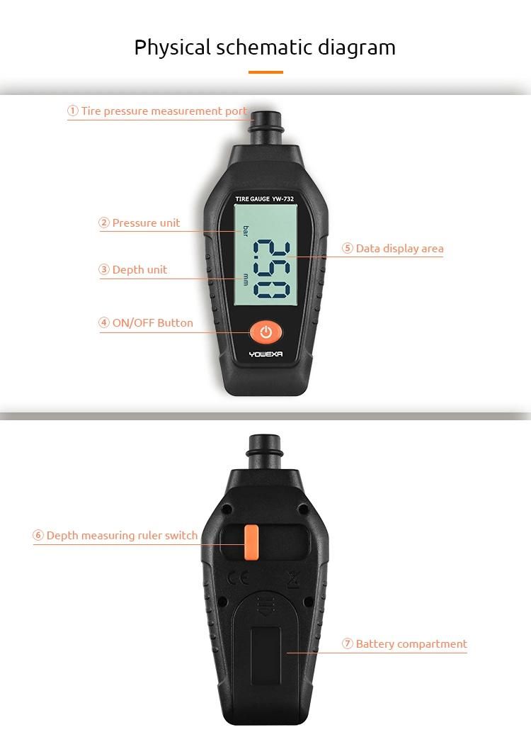 Yw-732 Sensor Quick Readings Tread Depth Gauge and Digital Tire Pressure Gauge for Car Truck Motorcycle Bicycle