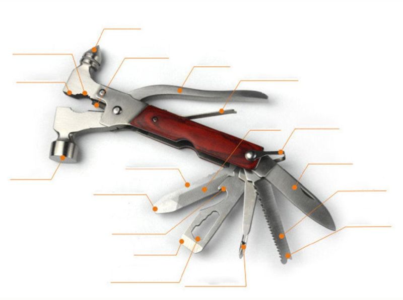 Multi Tools Hammer, Camping Survival Gear Kit Wooden Grip Handle Stainless Steel Car Tool with Hammer Axe Plier Creative Mini Portable Gadgets Wbb12896