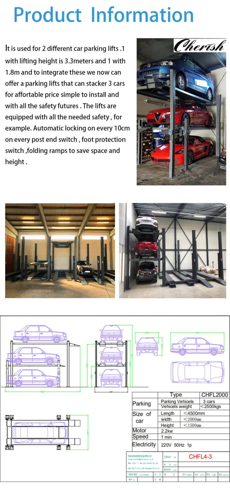 Hydraulic Vertical Four Post Triple Vehicle Stacker Parking Lift