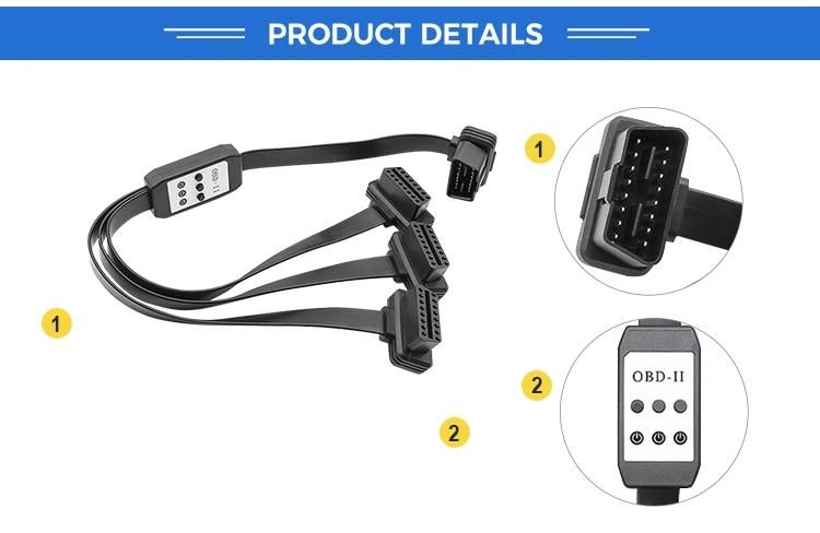 Flexible Flat Obdii-16pin M to One Drag Three Obdii Female with Power Control Switch.