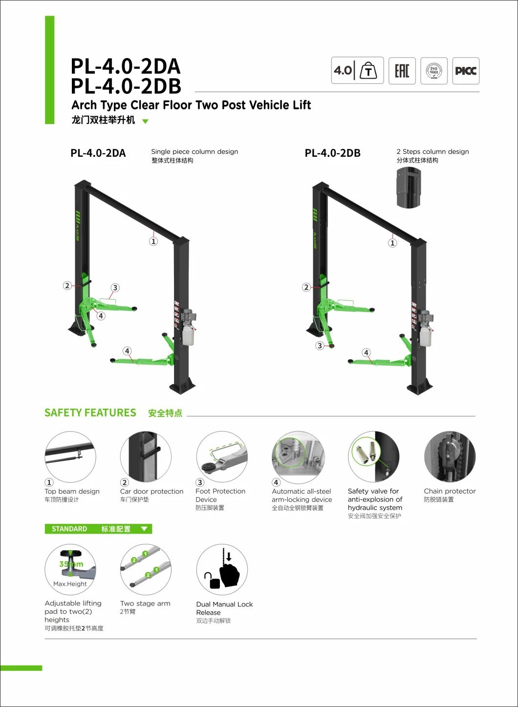 Puli High Quality Hydraulic Two Post Lift 4t Car Lift Two Post Elevator Pl-4.0-2da