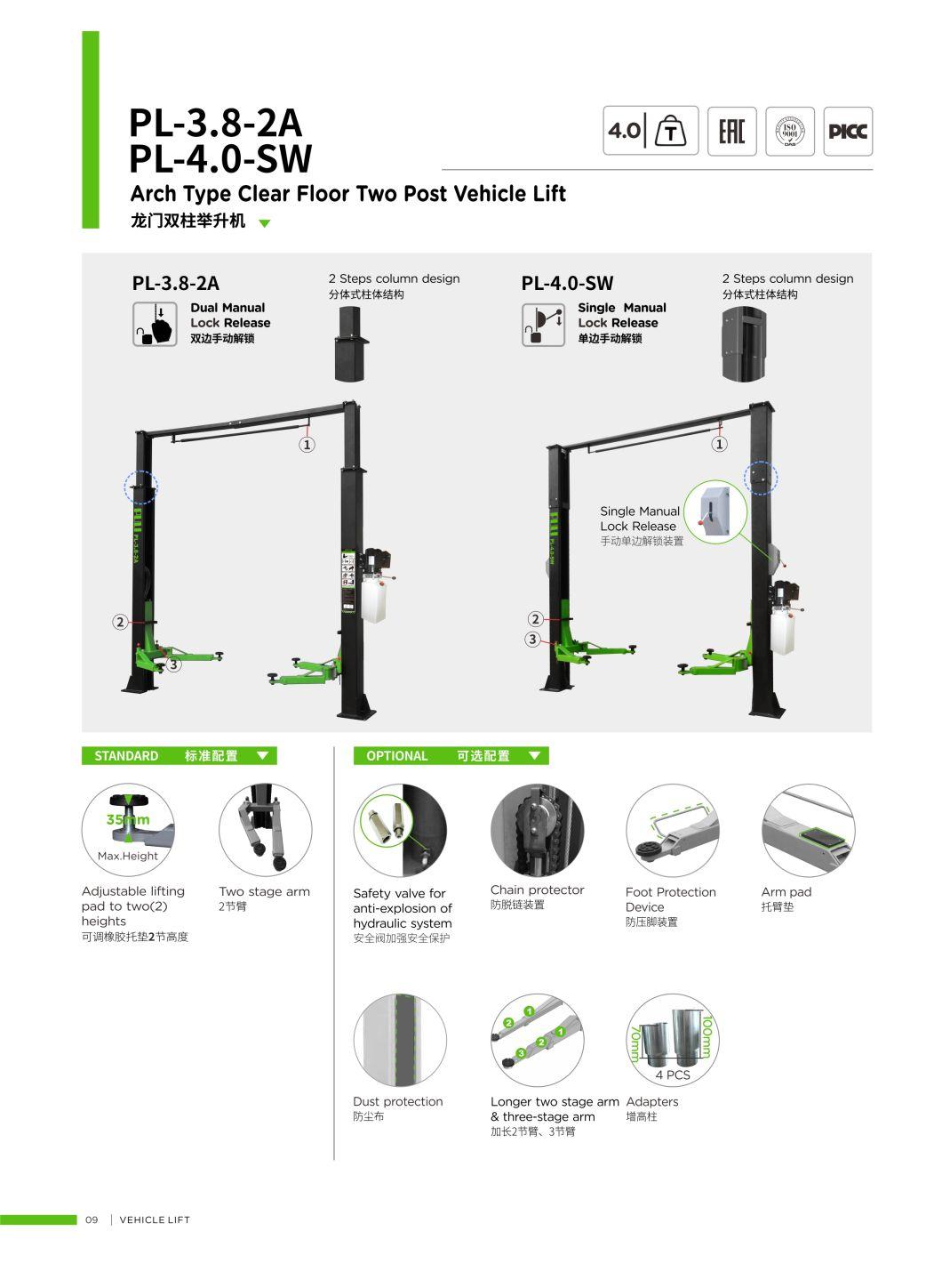 Puli 2 Steps Column Design Two Post Lift Manual Release 2 Post Lift Car Lifts for Sale Pl-3.8-2A