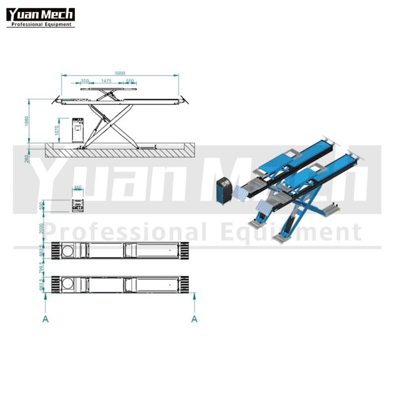 Yuanmech Boh4046wtr on Floor Big Scissor Lift for Wheel-Alignment High Profile with Integrated Lift Table and on Drive Ramps