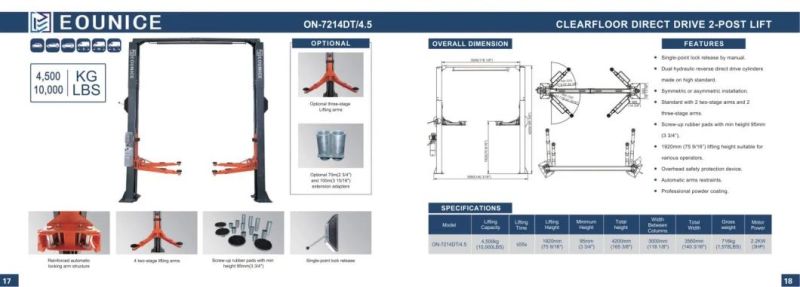 on-7214dt/4.5 Clearfloor 2 Post Lifts -One Side Manual Release and Dual Direct Drive Cylinders.