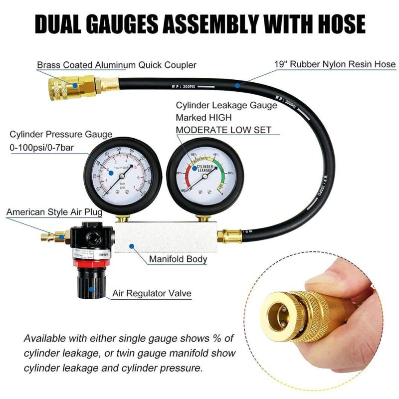 Viktec Professional Dual Pressure Gauges Engine Compression 5PC Cylinder Leak Down Tester for Car Truck Motorcycle