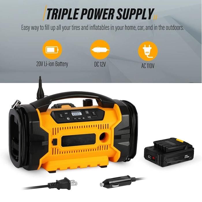 Customized Cordless Inflator Air Pump Compressor 120V AC/12V DC/20V Battery Digital Vehicle Tire Inflator/Deflator