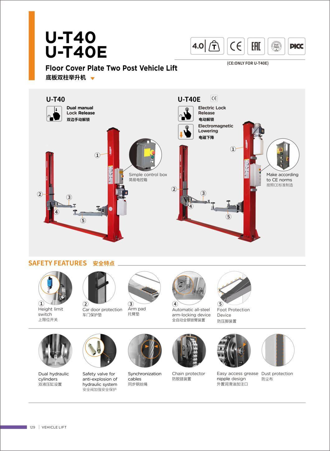 Unite Two Post Lift CE Standard Car Vehicle Lifting Equipment U-T40e Two Post Car Lift for Garage