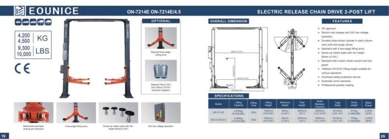 on-7214e Automatic 4t Capacity Auto Car Hoist 2 Post Car Lift Equipment Vehicles Clear Floor Hoist Hydraulic Auto Two Post Car Lift 4000kg Automobile Vehicles