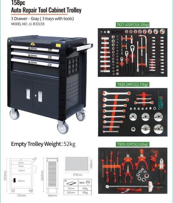 AA4c 158PCS High Grade 3 Drawers Tool Cabinet Trolley AA-B33158