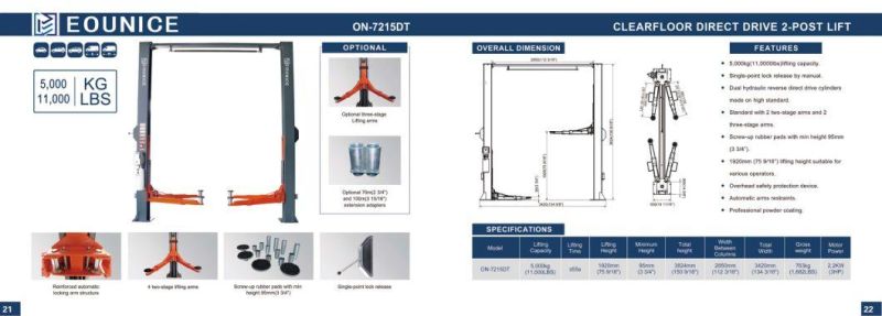 5000kg Clear Floor Two Post Lift Hydrau Hoist for Automobile China Manufacturer Heavy-Duty Direct-Drive Two Post Auto Lifter