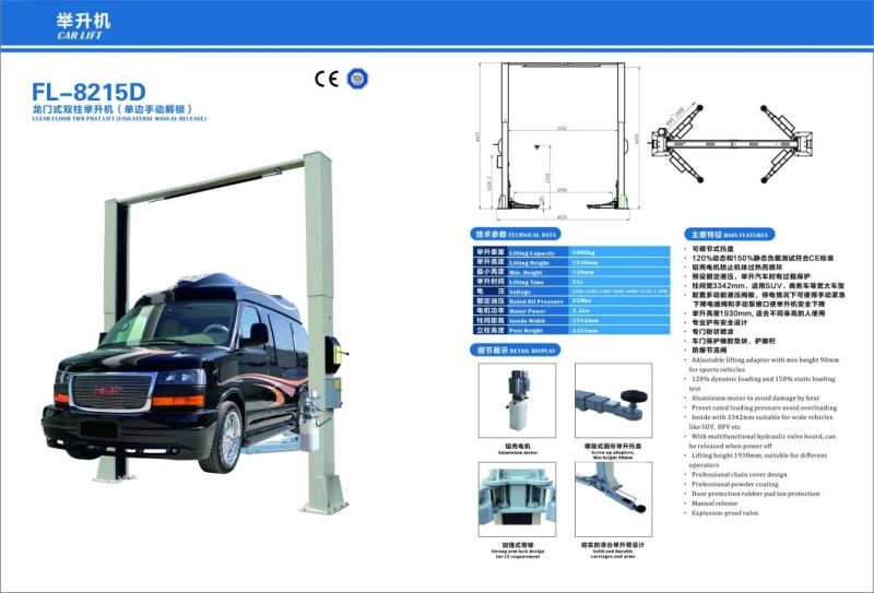 8215e 5000kg Clear Floor Two Post Lift Hydrau Hoist for Heavy Duty Motorcycle Automobile Vehicles, Garage, Workshop