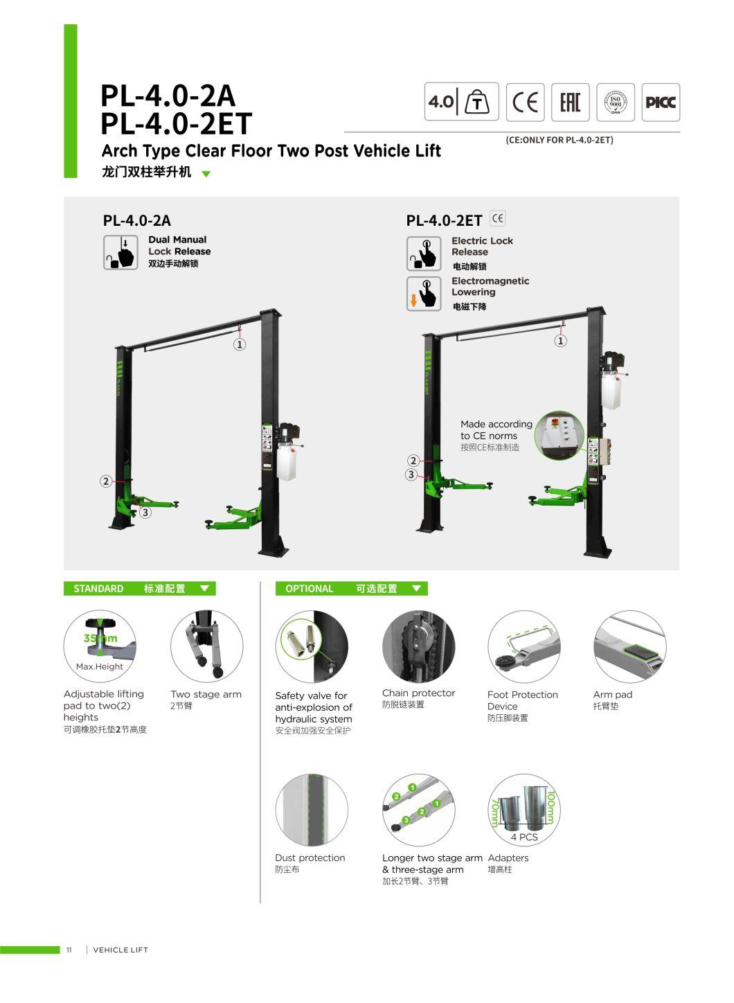 Puli Two Post Hydraulic Car Lift Two Post Clear Floor Vehicle Lifts for Car Reapir Shop Pl-4.0-2A