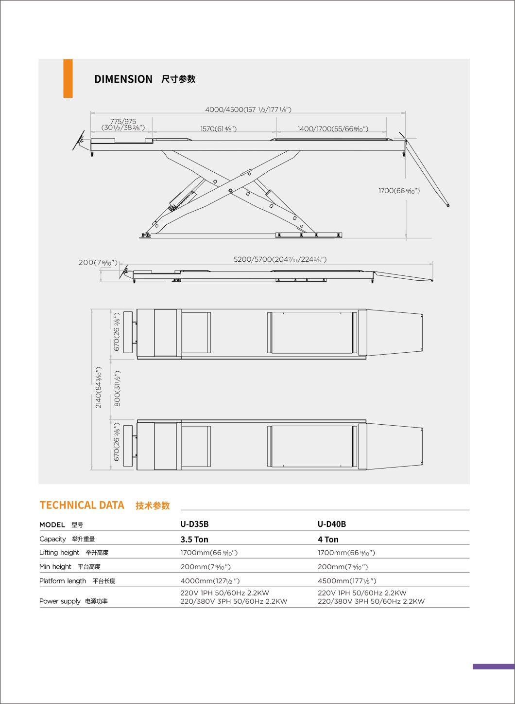 3.5t Low Profile Ground 4 Wheel Alignment Scissor Car Lift U-D35b