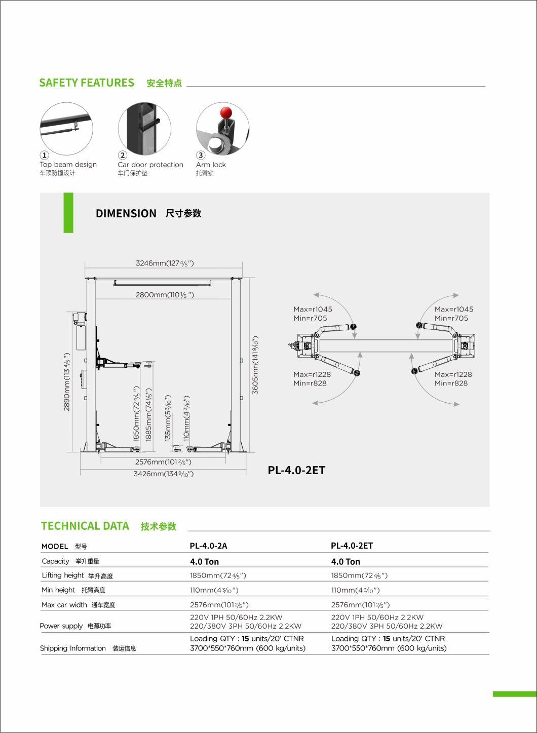 Puli 4t/8840lbs Two Post Car Lift Arch Clear Floor Plate Car Jack Garage Equipment Hydraulic Lift on Sale Pl-4.0-2A