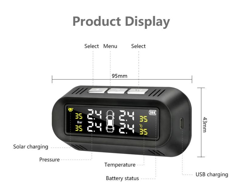 Wireless Car Solar Power TPMS External Sensor Solar Tire Pressure Monitor System