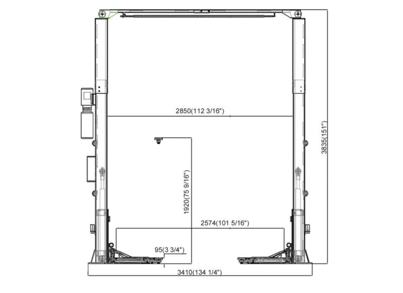 on-7214e/4.5 Clearfloor 2 Post Lift- Electrical Release and Dual Chain Drive Cylinders.