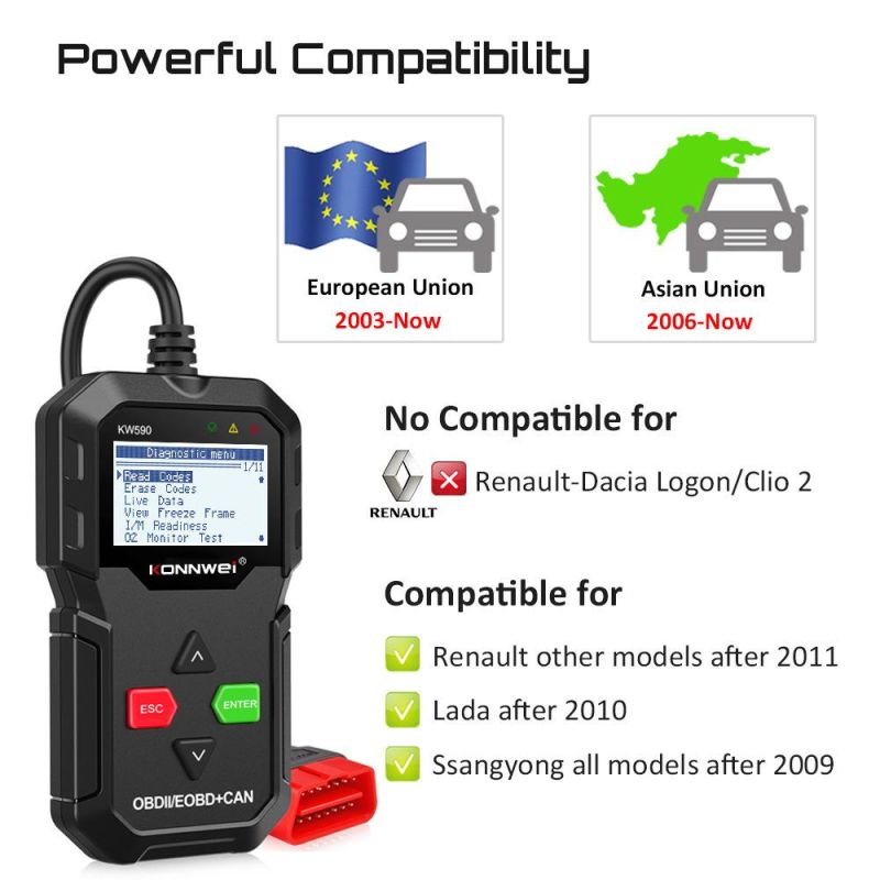 Konnwei Kw590 Support Multi-Languages Full Odb2 Function Auto Diagnosis Tool Kw 590 Code Reader Scanner Better Than Ad310