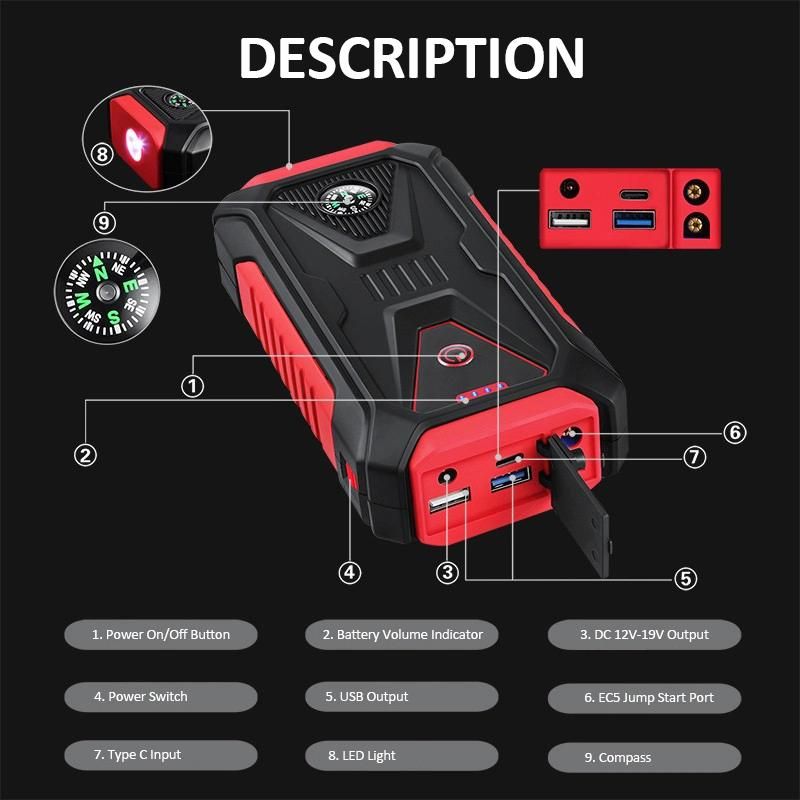 Portable Vehicle Lithium Battery Pack Jumper Box 800A Peak Car Jump Starter