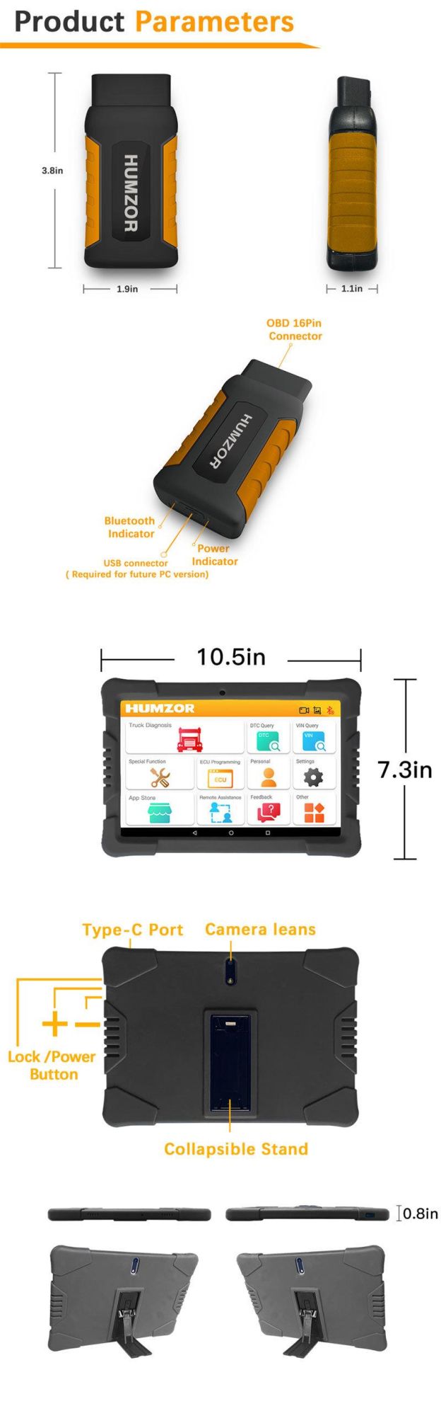 Humzor Nexzdas ND506 Plus Full Version 10 Inch Tablet for 12V-24V Diesel Commercial Vehicles Diagnostic Tool with 10 Converters