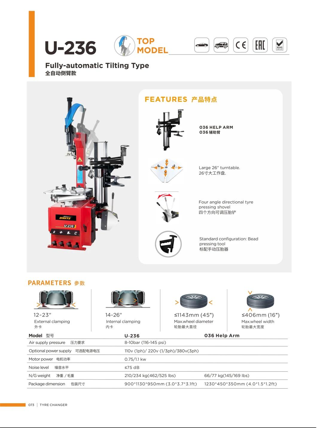 Unite Tire Changer Tilting Back Tire Repair Machine with 036 Help Arm Tyre Changer U-236