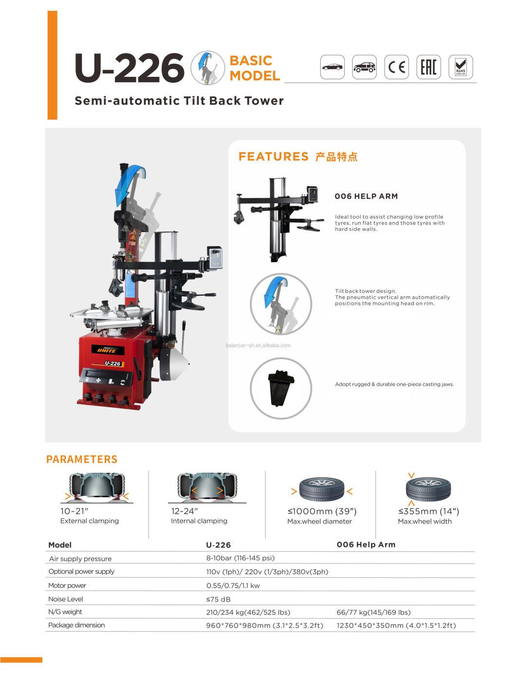 Unite Tilting Back Type Tire Changer with 006 Help Arm Car Tire Machine U-226