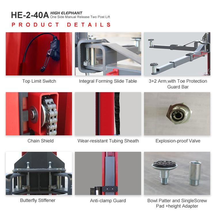 Garage Equipment Two Post Lift Adjustable Width and Height One Side Manual Release