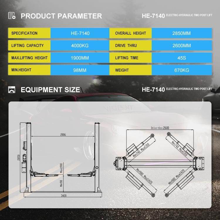 Hydraulic Workshop Auto 2 Post Car Lift CE Certificate Vehicle Hoist