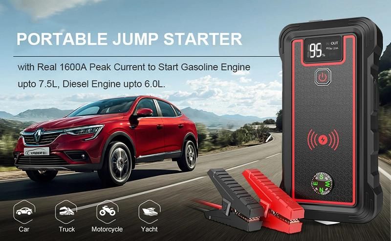 Portable 1600A Peak Current Car Jump Pack Vehicle Battery Jumper Box Lithium Jump Starter