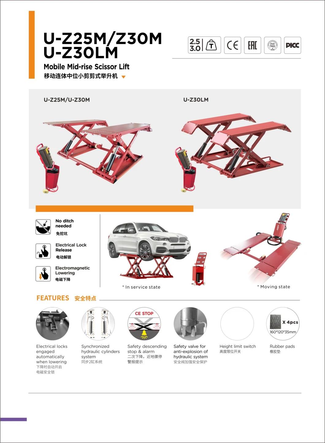 Car Scissor Lift Table 2.5 T Capacity U-Z25m Mobile MID-Rise Scissor Lift for Garage Equipment