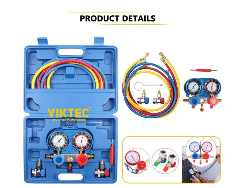 Viktec Manifold Gauge Set Diagnostic A/C Tool Kit R22 R134A R410A Refrigeration Brass Automotive Tool