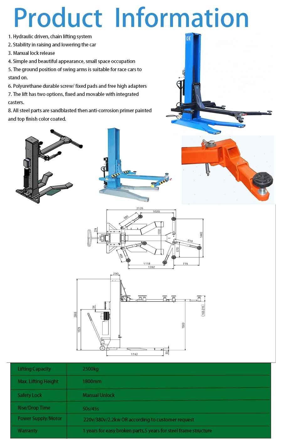 Simple Portable Auto One/1/Single Post/Column/Pillar Hydraulic Car Lift with CE