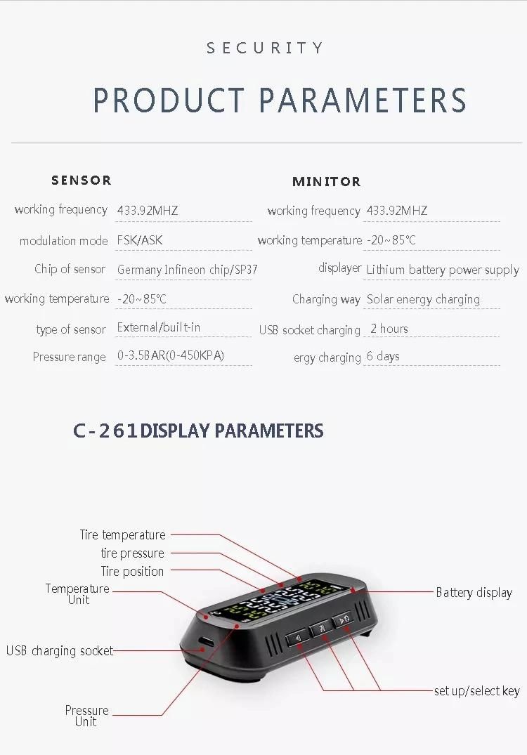 Wireless Car Solar Power TPMS External Sensor Solar Tire Pressure Monitor System