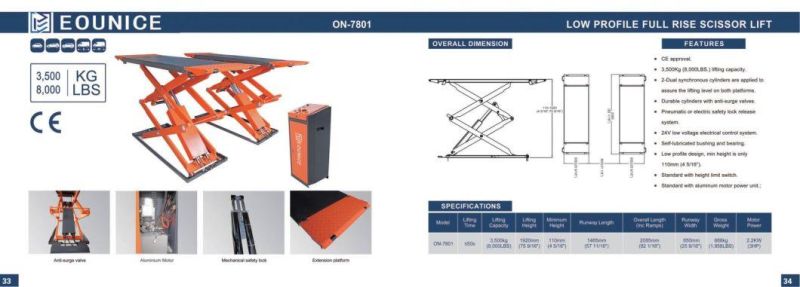 on-7801 on-Ground Full Rise Scissor Lift-Pneumatic Safety Lock Release, Low Profile Full-Rise Scissor Lift.