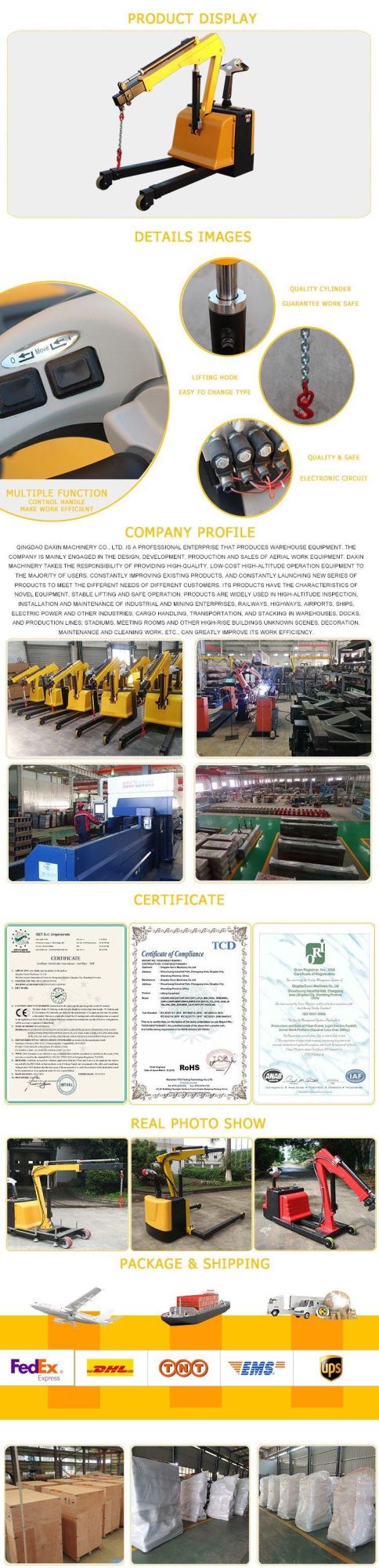 650kg-1000kg Hydraulic Foldable Floor Shop Crane with CE Certification