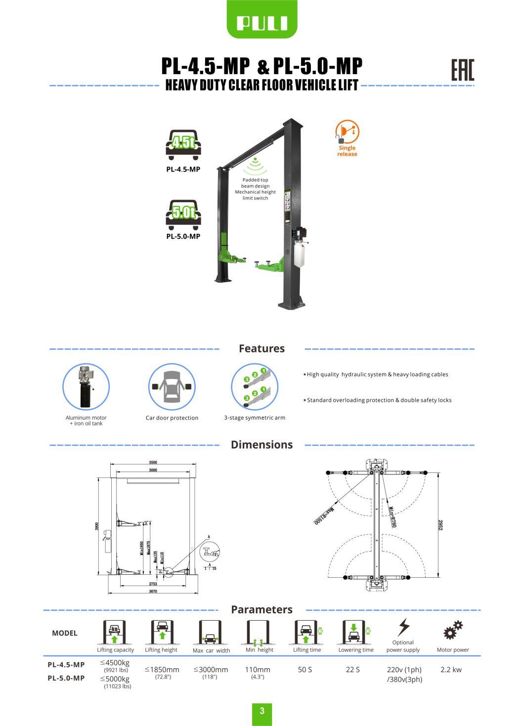 Puli 4.5t/9921lbs Single Lock Release Arch Two Post Car Lift Floor Plate Car Jack Pl-4.5-MP for Car Repair Equipment and Workshop on Sale