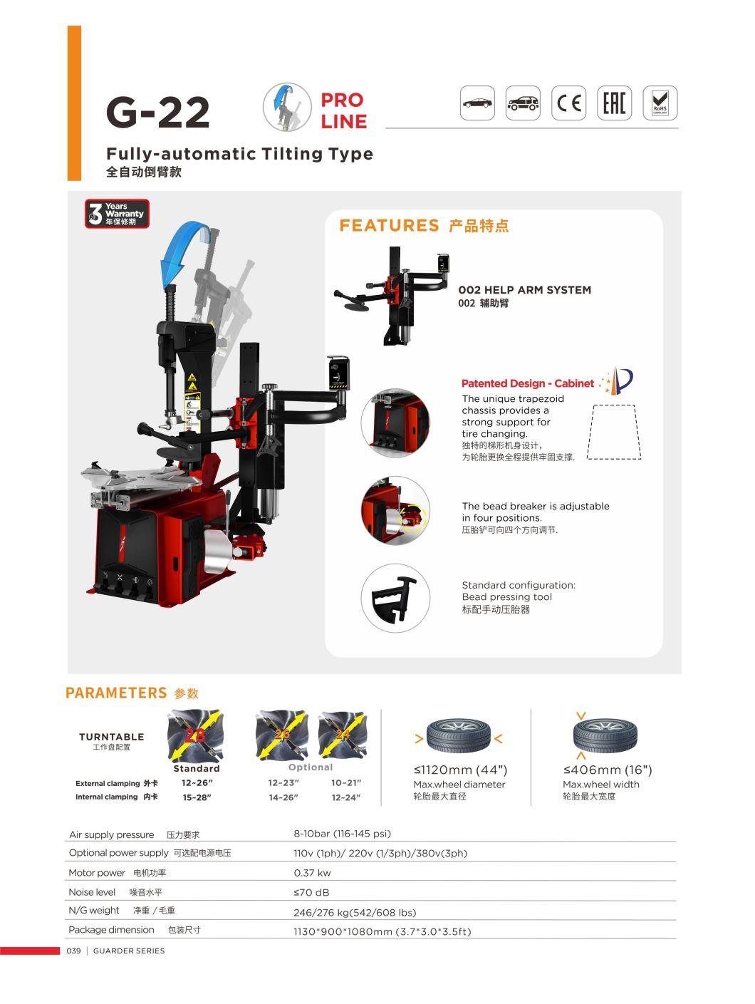 Unite Fully Automatic Tyre Changer Tilting Type with Help Arm System Garage Equipment Tyre Repair Machine G-22