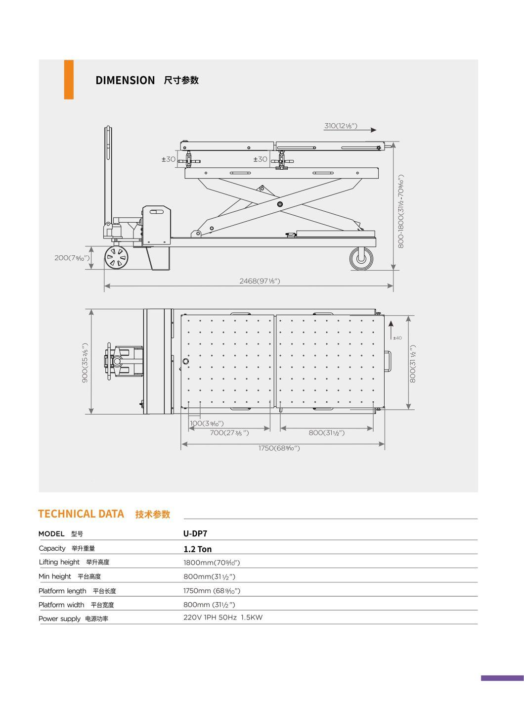 1.2 Ton Capacity EV Battery and Powertrain Lift Table U-Dp7 EV Lifting Table with Handle Scissor Lift for Electric Car Battery