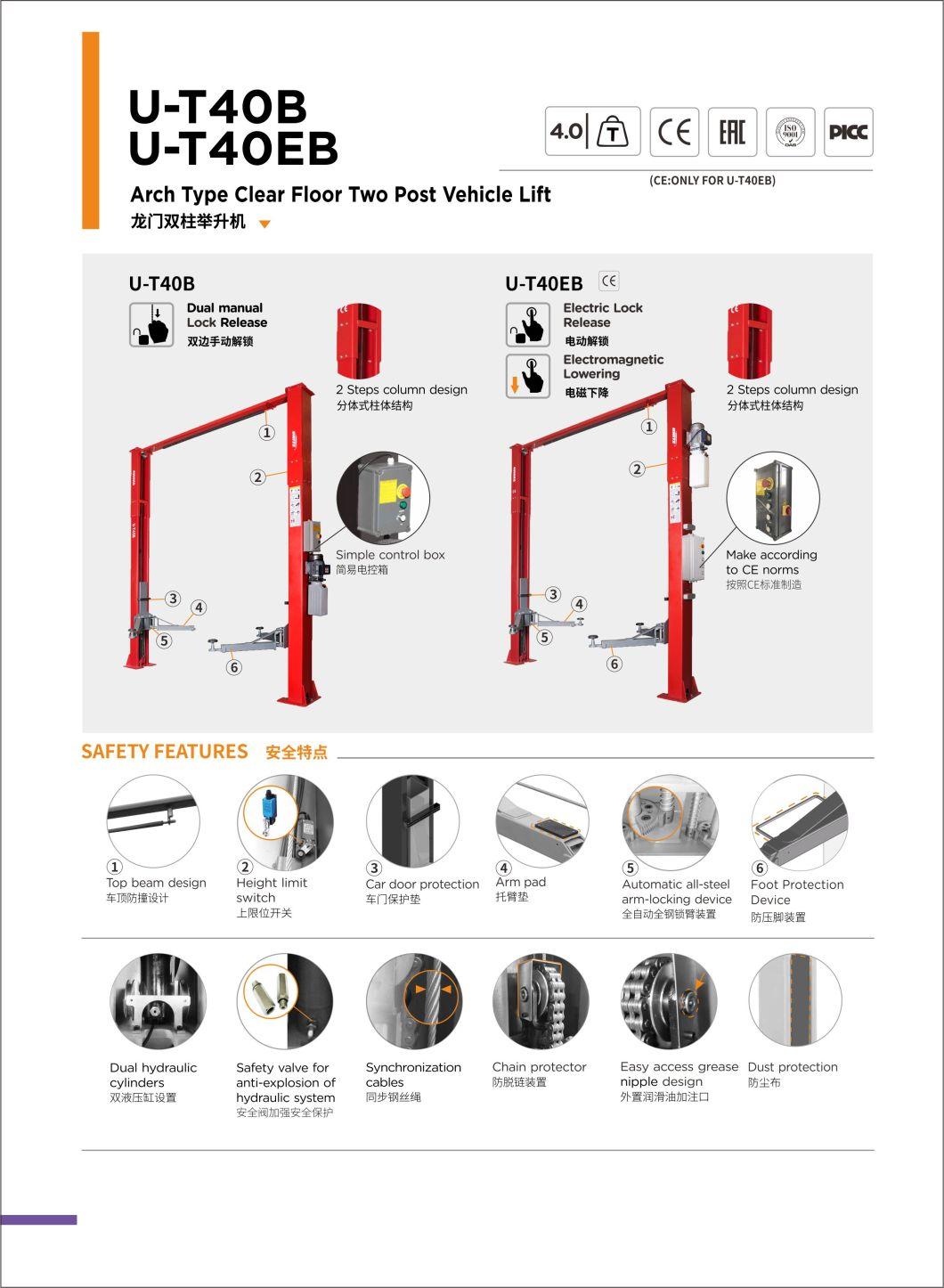 Unite Two Post Lift U-T40eb Arch Type Clear Floor 4t Capacity Two Post Vehicle Lift