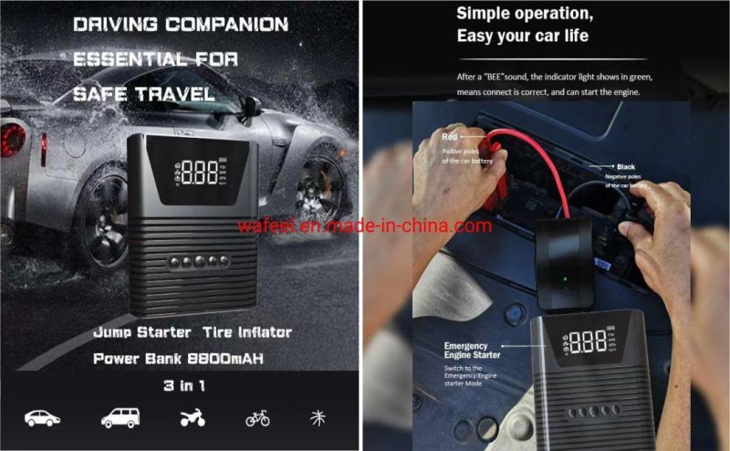 12V Emergency Auto Battery Booster, Car Battery Jump Starter with Tire Inflator Air Compressor