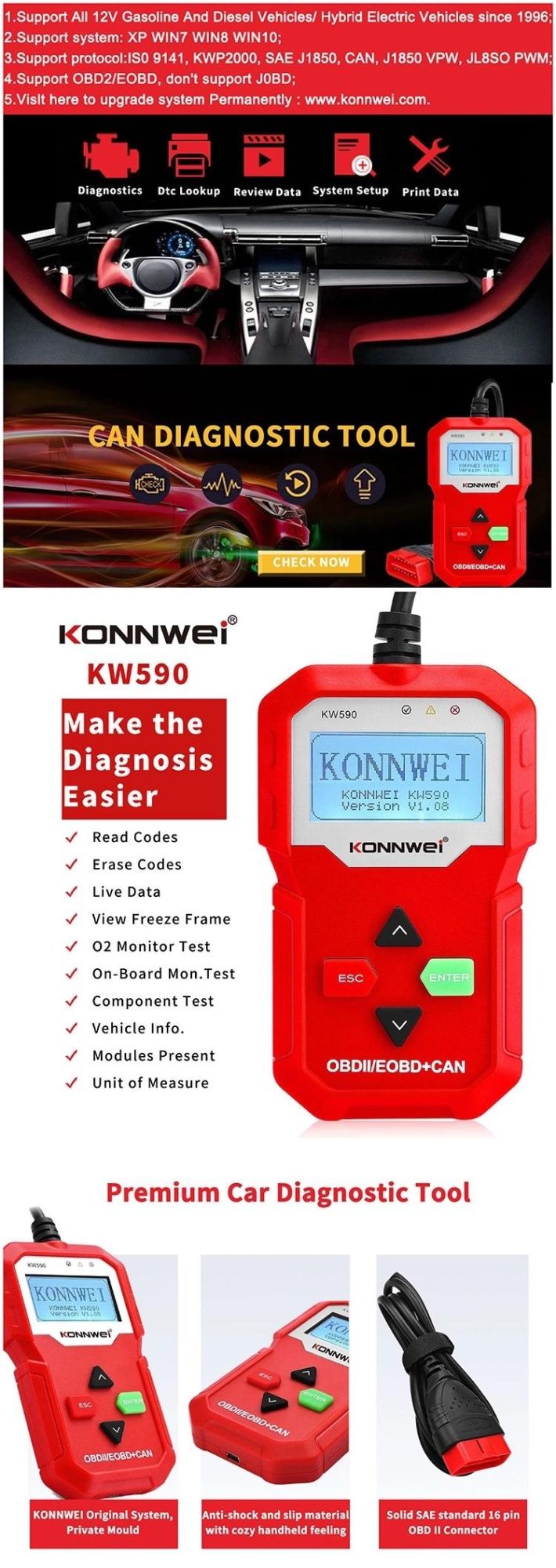 Konnwei 2.4inch Black and White Screen Auto Diagnostic Tools OBD2