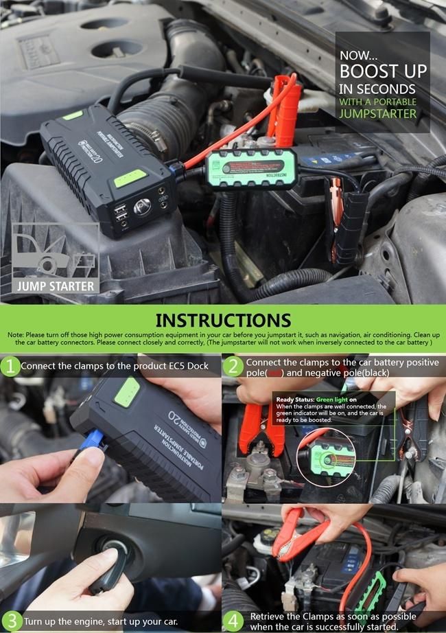 Multifunctional Portable Jump Starter 20000mAh 1000A Peak for Gasoline and Diesel