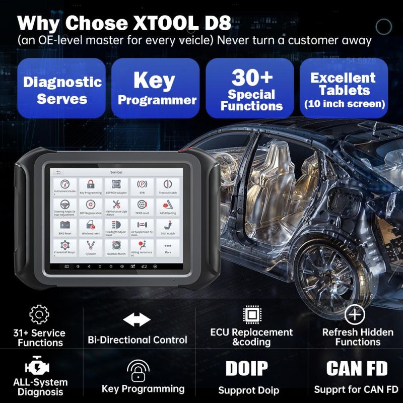 Xtool D9 OBD2 All System Bidirectional Scan Diagnostic Tools with 30+Special Functions ECU Coding Support Doip Can Fd Protocol