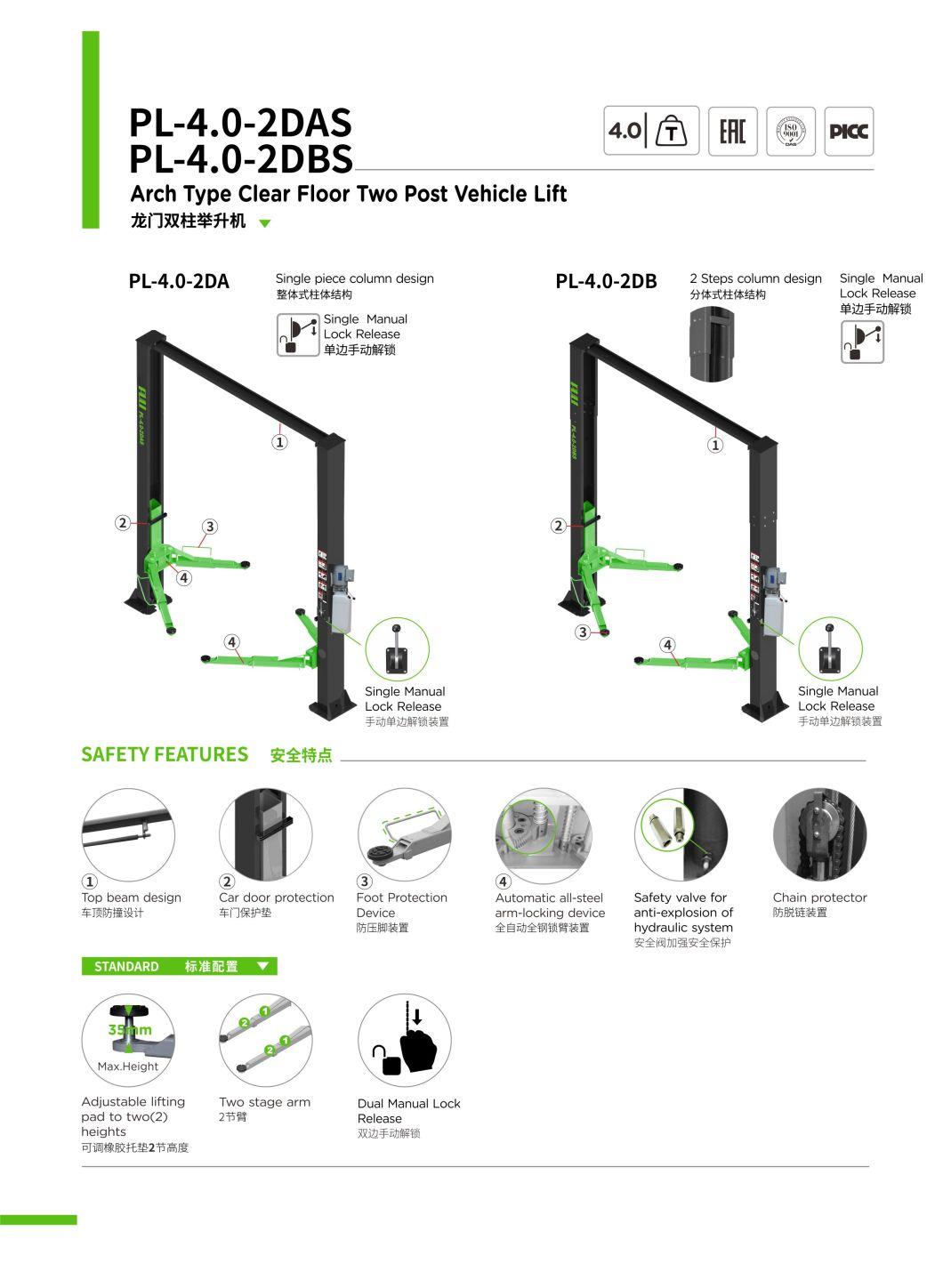 Puli 4t/8840lbs Single Lock Release Two Post Car Lift Arch Clear Floor Plate Car Jack Garage Equipment Hydraulic Lift on Sale Pl-4.0-2das