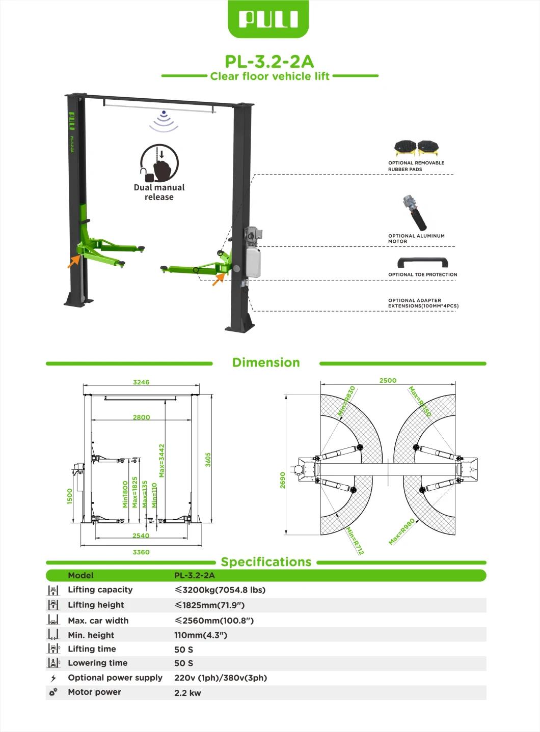 Puli 3.2t/7055lbs Two Post Car Lift Arch Clear Floor Plate Car Jack Garage Equipment Hydraulic Lift on Sale Pl-3.2-2A