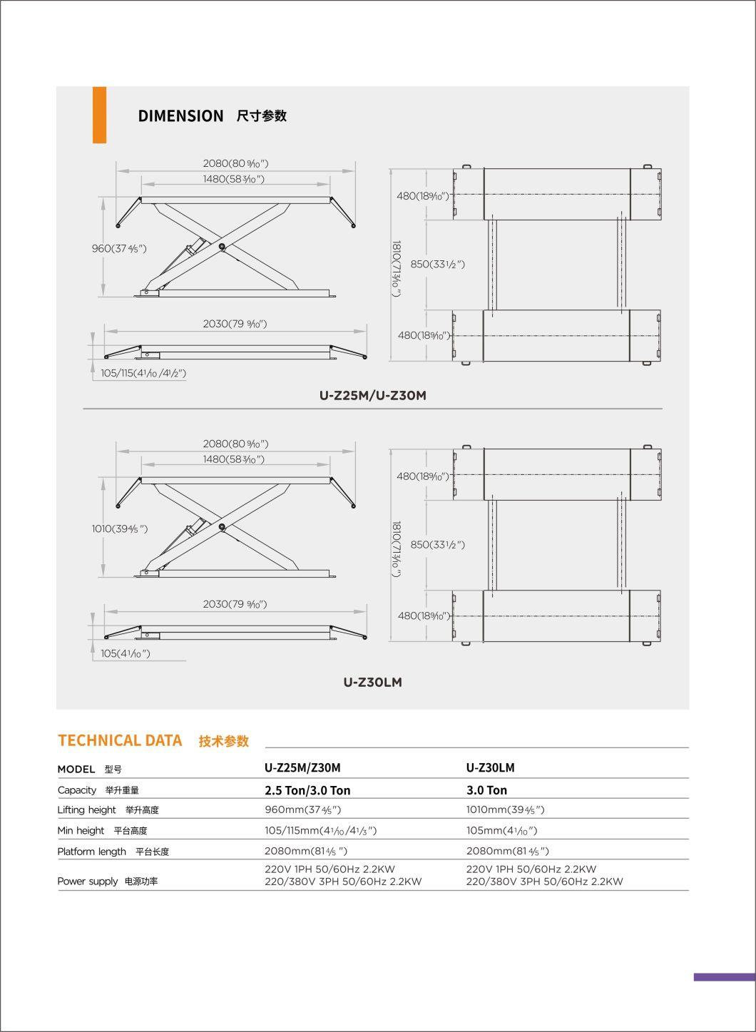 2.5 Ton Capacity Hydraulic MID Rise Vehicle Lifting Scissor Lift Automotive Maintenance U-Z25m