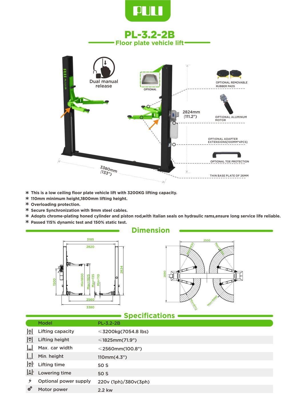 Puli 3.2t/7055lbs Two Post Car Lift Floor Plate Hydraulic Car Jack Hydraulic Lift on Sale Pl-3.2-2b