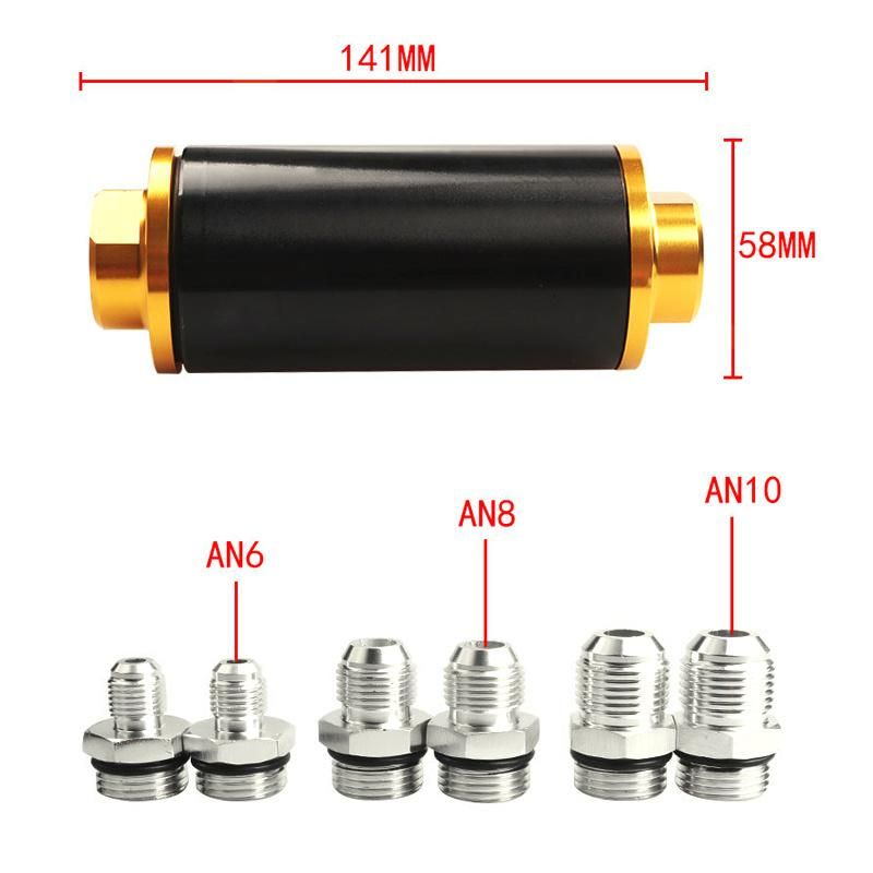 New Universal 58mm Aluminium Inline High Flow Fuel Filter with An6 An8 An10 Fittings for Racing Cars